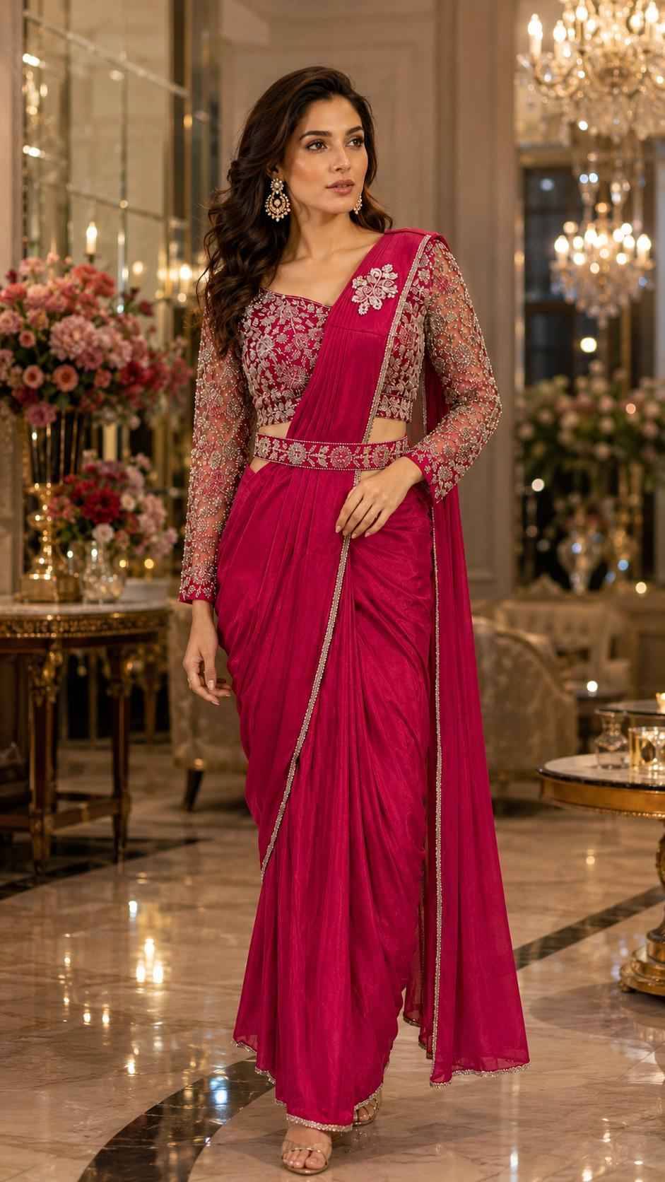 102432 By Amoha Trendz Indian Traditional Wear Collection Fancy Colorful Party Wear Stitched Sarees At Wholesale Price